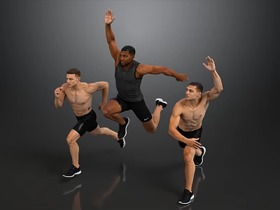 Three Men Exercising Jumping And Running In Sport Shorts And Sneakers On Gray Background 3d model