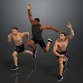 Three Men Exercising Jumping And Running In Sport Shorts And Sneakers On Gray Background