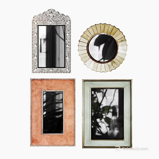 Various Decorative Mirrors With Ornate Frames Including Rectangular And Circular Designs Reflecting Indoor Scenes 3d model