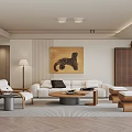 Modern Living Room Interior With White Sofa Leopard Artwork Floor Lamp And Wooden Cabinets