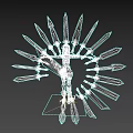 Multiple Radiating Swords Surrounding Armored Character Holding Sword With Golden Decoration On Red Platform