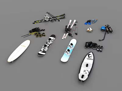 Different Types of Sports Equipment Featuring Skis Snowboards Surfboards Helmets and Ski Poles 3d model