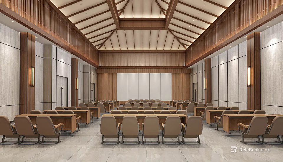 Spacious Wooden Conference Room With Neatly Arranged Seats And Modern Ceiling Design 3d model 