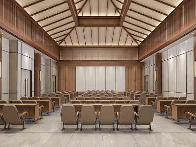 Spacious Wooden Conference Room With Neatly Arranged Seats And Modern Ceiling Design 3d model