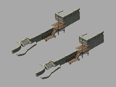 Stone Building Exterior Wall With Wooden Stairs And Platforms Structure 3d model