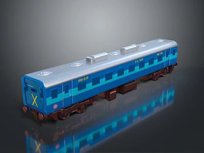 Detailed Blue Train Carriage Model With Silver Top X Mark And Wheels 3d model