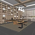 Traditional Tea Room Interior With Bookshelves Tea Sets Pendant Lights And Wooden Table