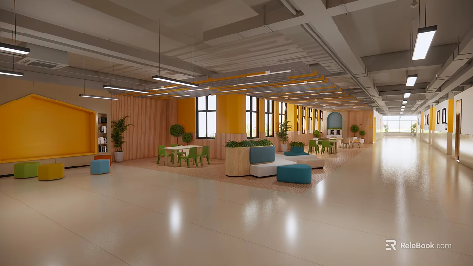Modern Open Office Interior With Yellow Walls Wooden Accents Colorful Seating And Large Windows 3d model 