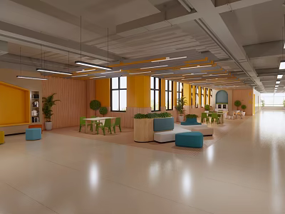 Modern Open Office Interior With Yellow Walls Wooden Accents Colorful Seating And Large Windows 3d model