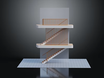 Modern Minimalist Three Story Staircase With Wooden Handrails White Steps And Reflective Floor 3d model
