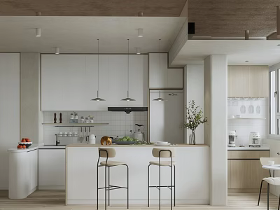 Modern Kitchen Interior With White Cabinets Island Counter And Bar Stools 3d model