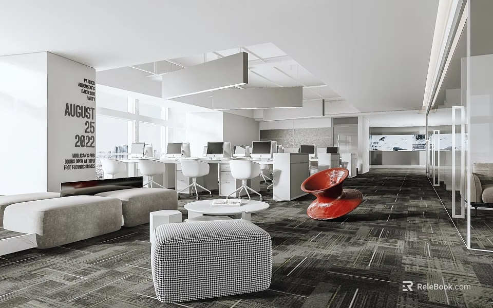 Modern Public Office Space Featuring Open Layout Workstations Sofa And Red Accent Chair 3d model