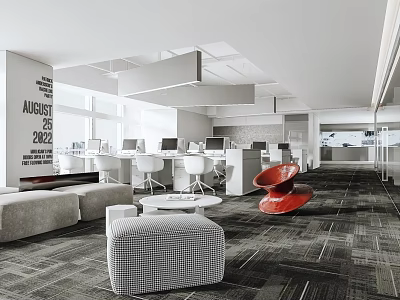 Modern Public Office Space Featuring Open Layout Workstations Sofa And Red Accent Chair 3d model