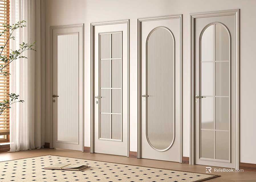 Elegant Four Modern Hinged Doors with Glass Panels and White Frames in Interior Room 3d model 