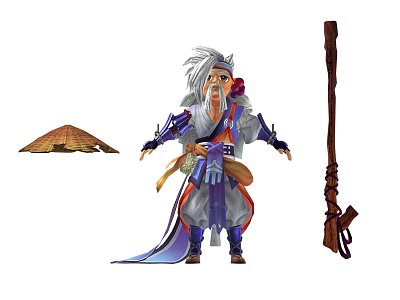 Elderly Style Doll with White Hair Blue Purple Outfit Bamboo Hat and Long Staff 3d model