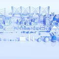 Blue Urban City Architecture Model With Various Buildings Bridges And Roads