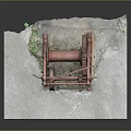 Old Red Mechanical Device With Large Gears On Concrete Platform And Weeds