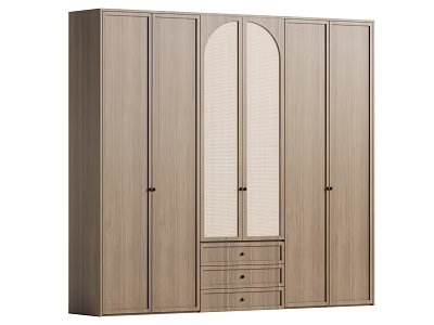 Modern Wooden Wardrobe with Arched Mesh Door and Bottom Storage Drawers 3d model