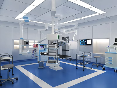 Modern Operating Room Interior With Surgical Lights Medical Equipment And Blue Floor 3d model
