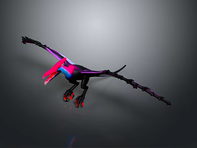 Fantasy Pterosaur 3D Model with Purple Pink Black Wings and Red Claws on Gray Background 3d model
