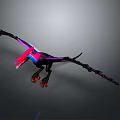 Fantasy Pterosaur 3D Model with Purple Pink Black Wings and Red Claws on Gray Background