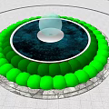 Round Garden Ornament With Transparent Sphere Fountain Water Basin Green Shrubs And Stone Border