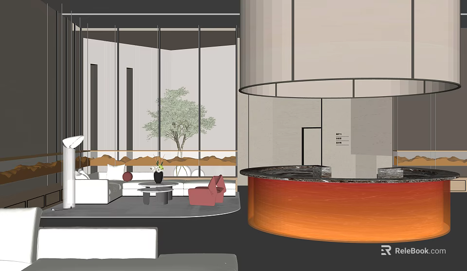 Hotel Lobby Modern Interior With Floor To Ceiling Windows Green Plant And Sofa Seating Area 3d model 