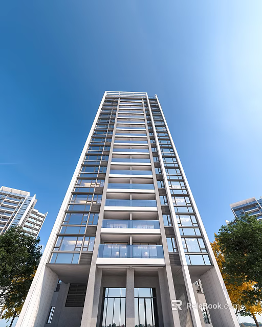 Modern High Rise Residential Building With Glass Curtain Walls And Green Trees Under Blue Sky 3d model 