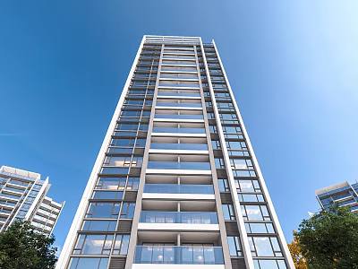 Modern High Rise Residential Building With Glass Curtain Walls And Green Trees Under Blue Sky 3d model