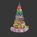 Green Christmas Tree With Golden Decorations Star On Top And Gift Boxes