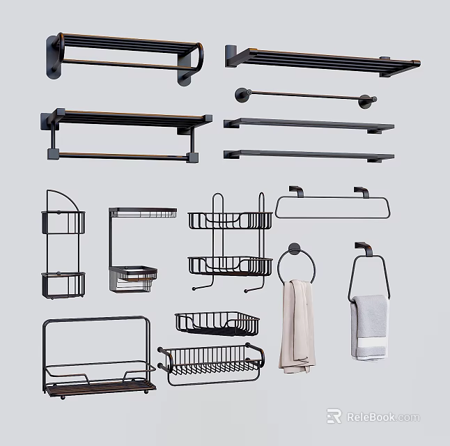 Stylish Functional Bathroom Accessories Featuring Towel Racks Storage Shelves Hooks And Towel Rings 3d model 