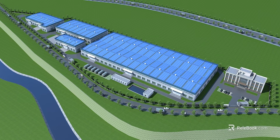 Modern Industrial Factory Complex With Blue Roofs Green Grass And Surrounding Roads 3d model 