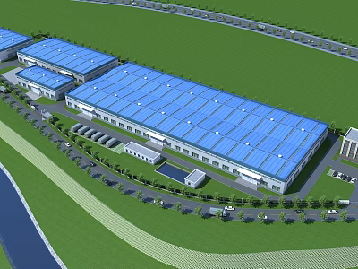 Modern Industrial Factory Complex With Blue Roofs Green Grass And Surrounding Roads 3d model