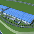 Modern Industrial Factory Complex With Blue Roofs Green Grass And Surrounding Roads