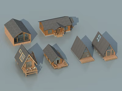 Various Wooden House Designs With Different Roof Types And Structural Features 3d model