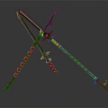 Crossed Swords With Red Wrapped Handles And Metal Blades On Gray Surface