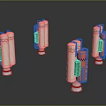 Industrial Mechanical Components With White Orange Green Cylindrical Bodies And Silver Bases On Shiny Surface