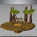 Sci Fi Scene Featuring Circular Wooden Platform Alien Red Tree Trunks Green Foliage And Character 3d model