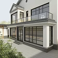 Two Story White Detached Villa Exterior With Round Tower Balcony Arched Door And Trees