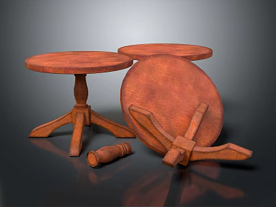 Vintage Wooden Round Tables With Stackable Design And Small Cylinder Accent 3d model