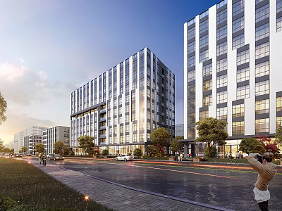 Modern Office Buildings with Glass Curtain Walls on Street with Trees Evening Pedestrians and Vehicles 3d model