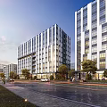 Modern Office Buildings with Glass Curtain Walls on Street with Trees Evening Pedestrians and Vehicles