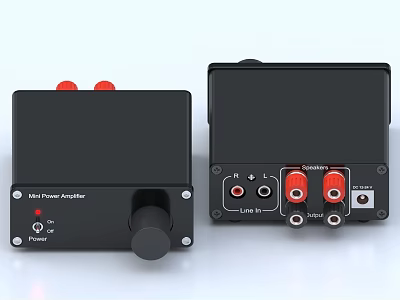 Black Mini Power Amplifier For Entertainment Electronics With Front Knob And Rear Audio Ports 3d model