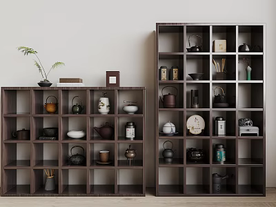 Antique Display Shelves Dark Wooden with Teapots Cups Jars Small Plant Photo Frame and Books 3d model