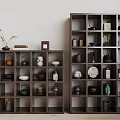 Antique Display Shelves Dark Wooden with Teapots Cups Jars Small Plant Photo Frame and Books