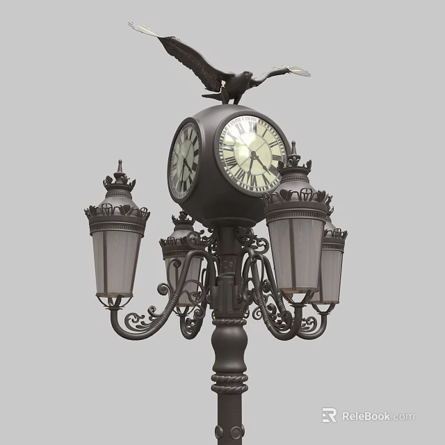Vintage Outdoor Light with Classic Clock Lantern Shades and Bird Accent on Decorative Pole 3d model 