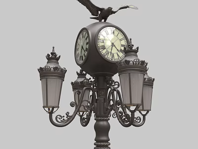 Vintage Outdoor Light with Classic Clock Lantern Shades and Bird Accent on Decorative Pole 3d model