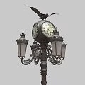Vintage Outdoor Light with Classic Clock Lantern Shades and Bird Accent on Decorative Pole