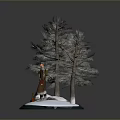 Figure In Red Coat Standing With Pine Trees On Snowy Ground And Sled Nearby