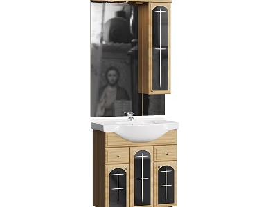Modern Bathroom Vanity Design With Wooden Cabinets White Countertop And Mirror 3d model